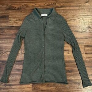 Abercrombie Fitch Green Ribbed Knit Merino Wool Button‎ Up Collared Sweater M